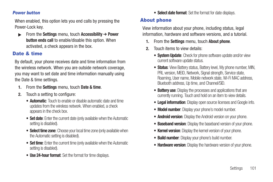 Power button, Date & time, About phone | Date & time about phone | Samsung SCH-R680WRAUSC User Manual | Page 105 / 141