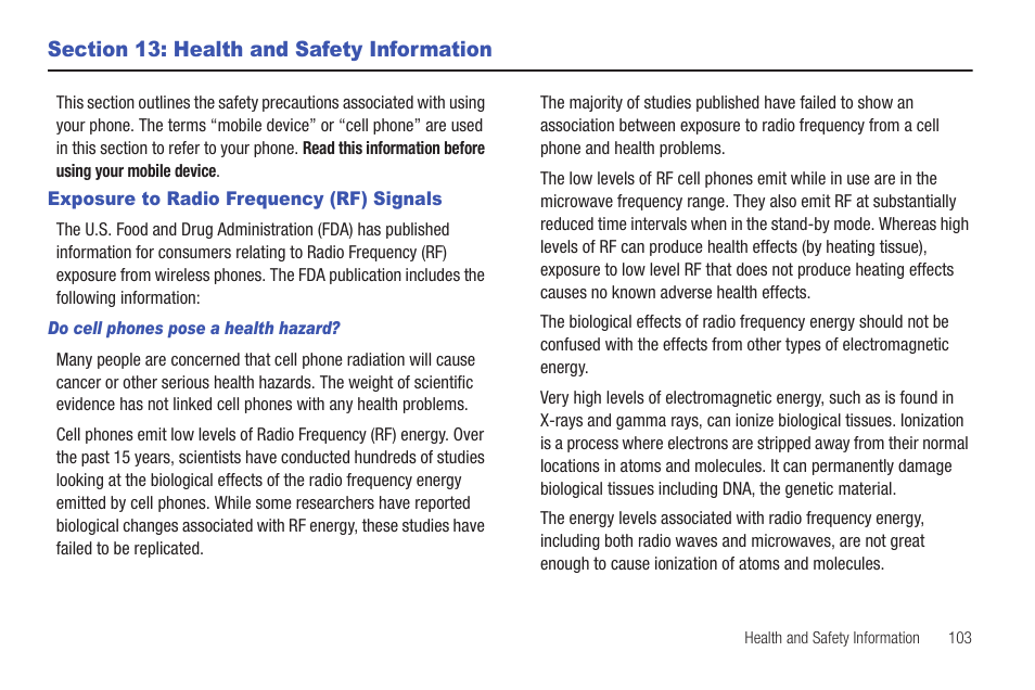 Section 13: health and safety information, Exposure to radio frequency (rf) signals, Do cell phones pose a health hazard | Samsung SCH-R680WRAUSC User Manual | Page 107 / 141