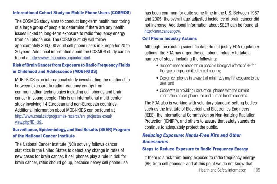 Cell phone industry actions, Steps to reduce exposure to radio frequency energy | Samsung SCH-R680WRAUSC User Manual | Page 109 / 141
