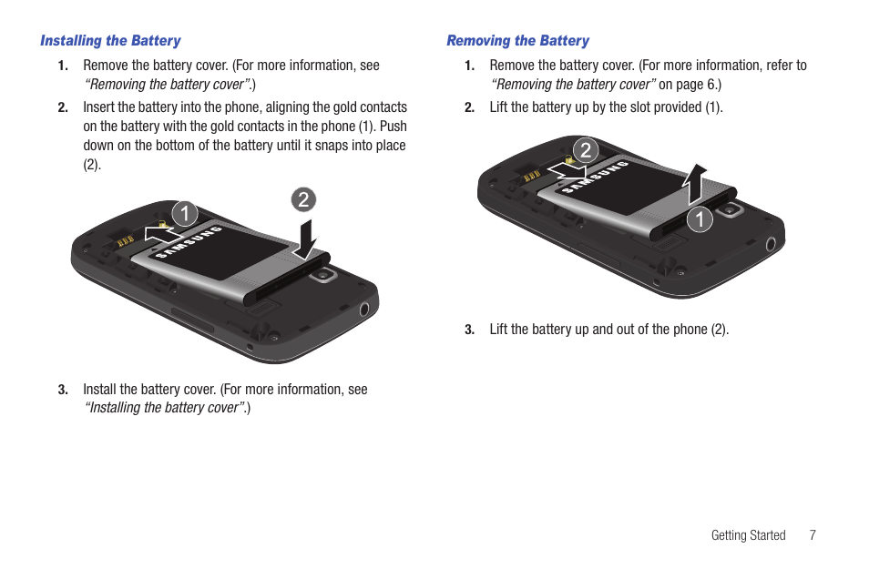 Installing the battery, Removing the battery | Samsung SCH-R680WRAUSC User Manual | Page 11 / 141