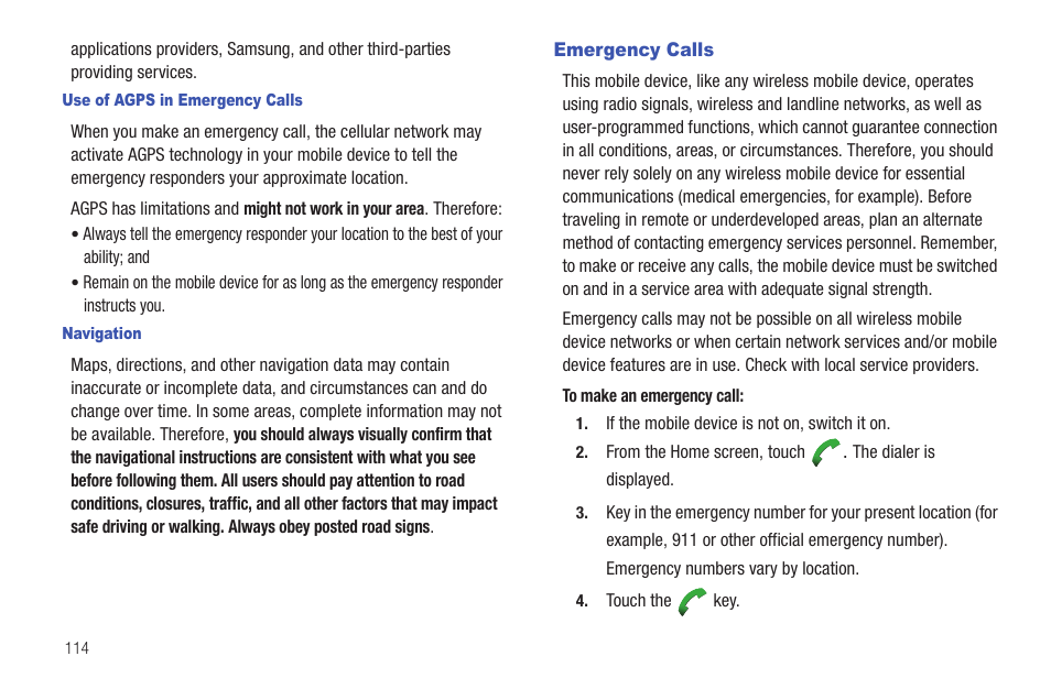 Use of agps in emergency calls, Navigation, Emergency calls | Samsung SCH-R680WRAUSC User Manual | Page 118 / 141