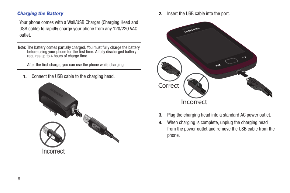 Charging the battery, Incorrect correct incorrect | Samsung SCH-R680WRAUSC User Manual | Page 12 / 141