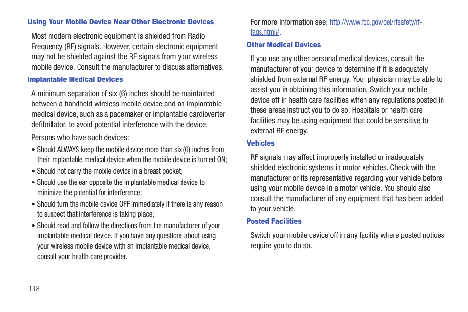 Implantable medical devices, Other medical devices, Vehicles | Posted facilities | Samsung SCH-R680WRAUSC User Manual | Page 122 / 141