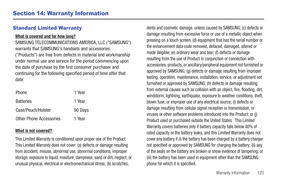 Section 14: warranty information, Standard limited warranty | Samsung SCH-R680WRAUSC User Manual | Page 127 / 141