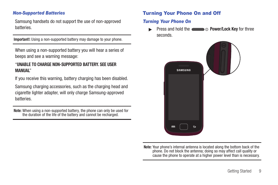 Non-supported batteries, Turning your phone on and off, Turning your phone on | Samsung SCH-R680WRAUSC User Manual | Page 13 / 141