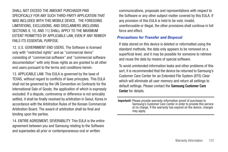 Precautions for transfer and disposal | Samsung SCH-R680WRAUSC User Manual | Page 135 / 141