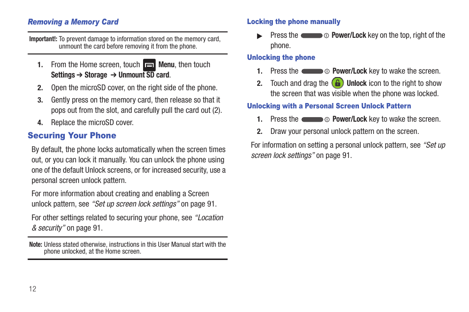 Removing a memory card, Securing your phone, Locking the phone manually | Unlocking the phone, Unlocking with a personal screen unlock pattern | Samsung SCH-R680WRAUSC User Manual | Page 16 / 141