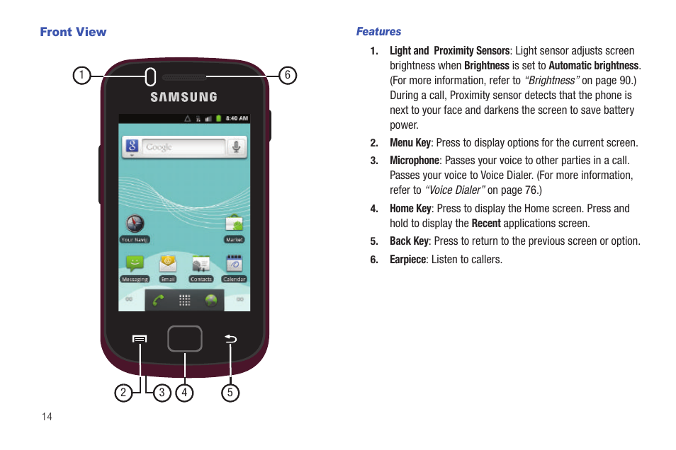 Front view, Features | Samsung SCH-R680WRAUSC User Manual | Page 18 / 141