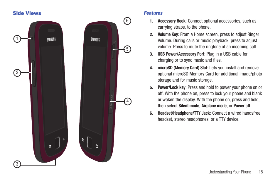 Side views, Features | Samsung SCH-R680WRAUSC User Manual | Page 19 / 141