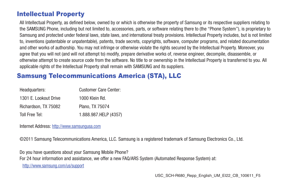 Intellectual property, Samsung telecommunications america (sta), llc | Samsung SCH-R680WRAUSC User Manual | Page 2 / 141