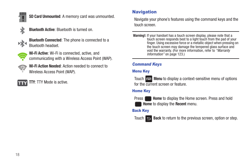 Navigation, Command keys, Menu key | Home key, Back key | Samsung SCH-R680WRAUSC User Manual | Page 22 / 141