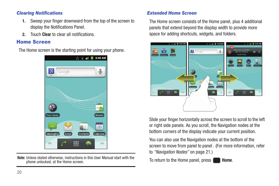 Clearing notifications, Home screen, Extended home screen | Samsung SCH-R680WRAUSC User Manual | Page 24 / 141