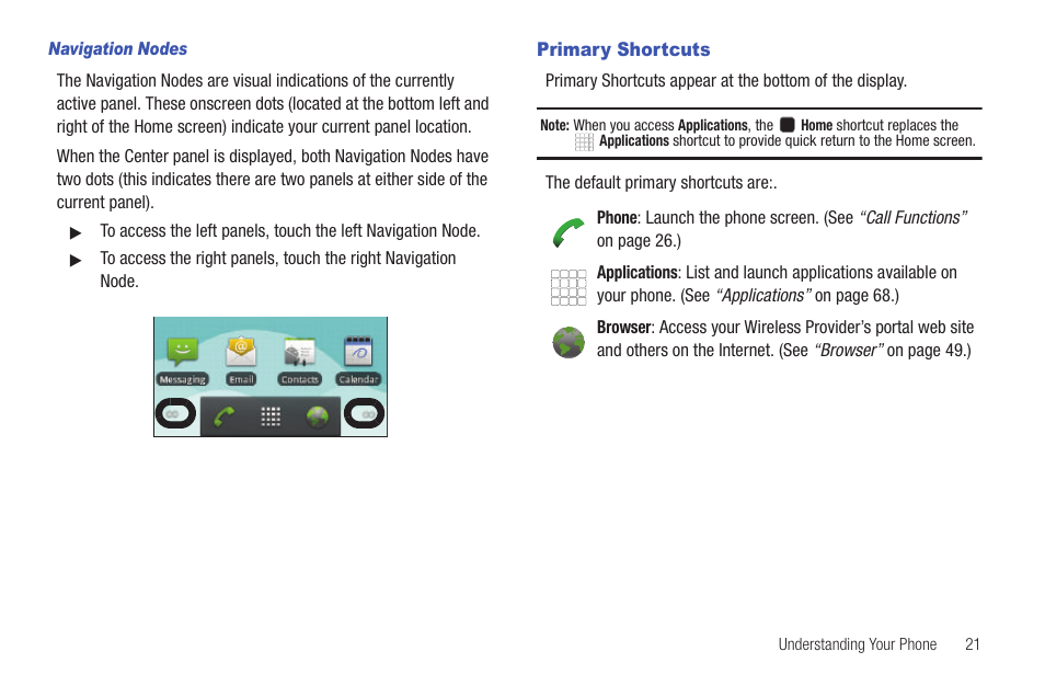 Navigation nodes, Primary shortcuts | Samsung SCH-R680WRAUSC User Manual | Page 25 / 141