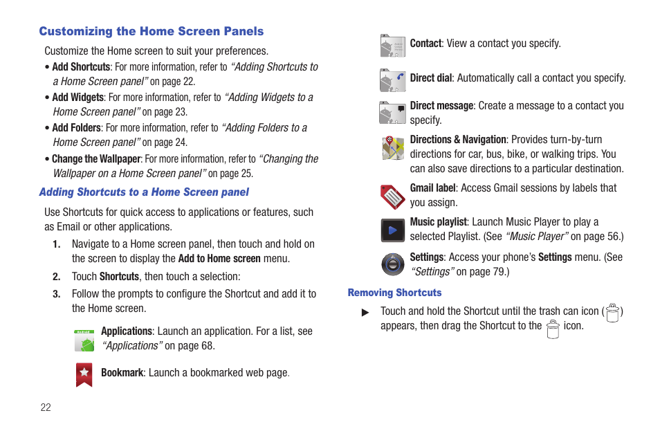 Customizing the home screen panels, Adding shortcuts to a home screen panel, Removing shortcuts | Samsung SCH-R680WRAUSC User Manual | Page 26 / 141