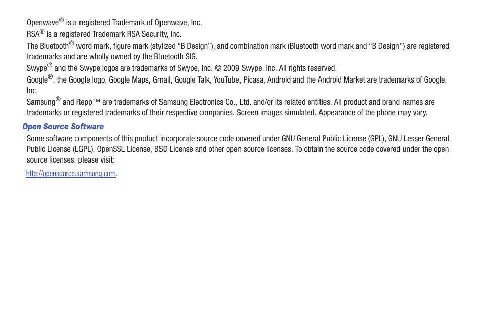 Open source software | Samsung SCH-R680WRAUSC User Manual | Page 3 / 141