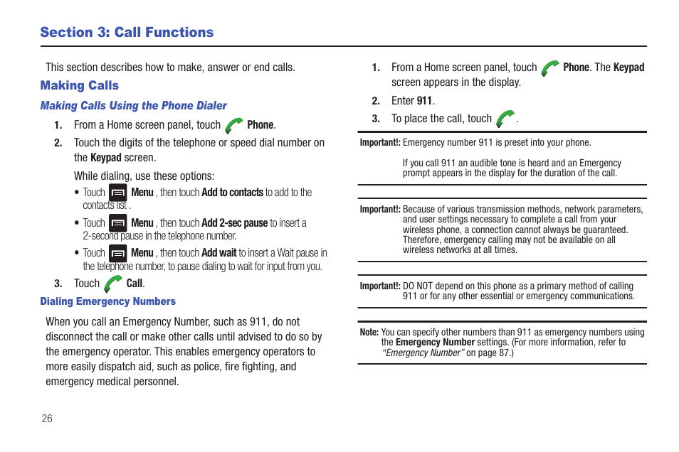 Section 3: call functions, Making calls, Making calls using the phone dialer | Dialing emergency numbers | Samsung SCH-R680WRAUSC User Manual | Page 30 / 141