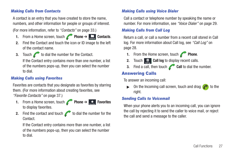 Making calls from contacts, Making calls using favorites, Making calls using voice dialer | Making calls from call log, Answering calls, Sending calls to voicemail | Samsung SCH-R680WRAUSC User Manual | Page 31 / 141