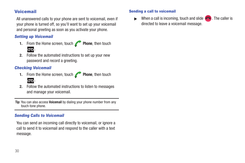 Voicemail, Setting up voicemail, Checking voicemail | Sending calls to voicemail, Sending a call to voicemail | Samsung SCH-R680WRAUSC User Manual | Page 34 / 141