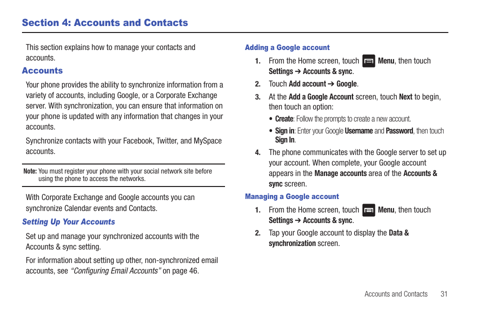 Section 4: accounts and contacts, Accounts, Setting up your accounts | Adding a google account, Managing a google account | Samsung SCH-R680WRAUSC User Manual | Page 35 / 141