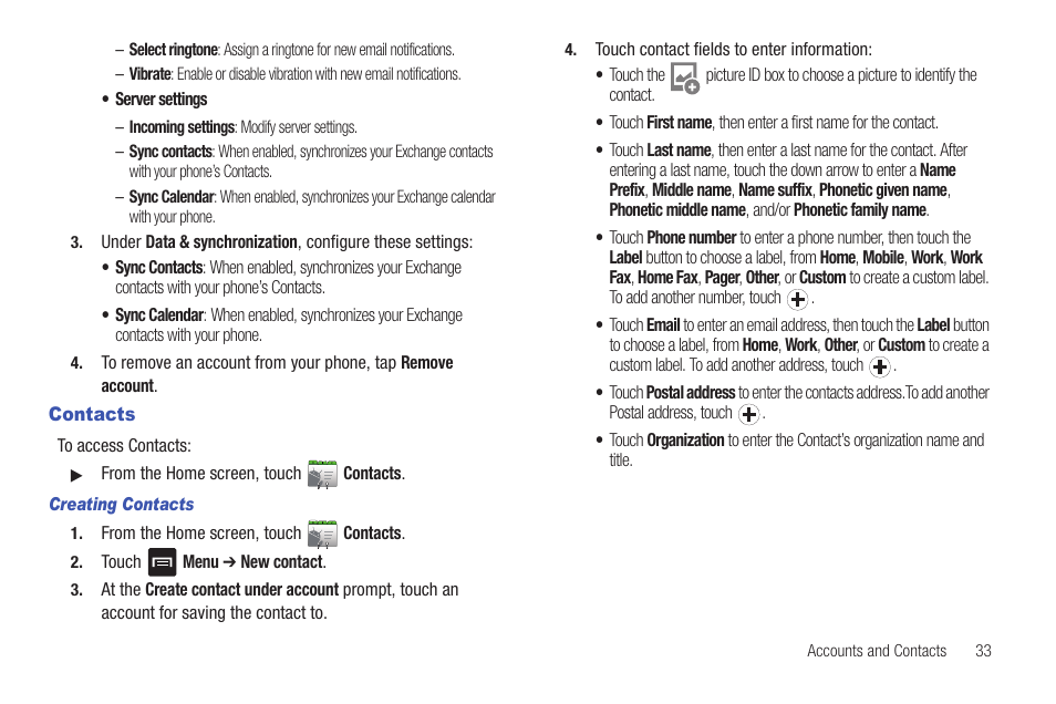 Contacts, Creating contacts | Samsung SCH-R680WRAUSC User Manual | Page 37 / 141