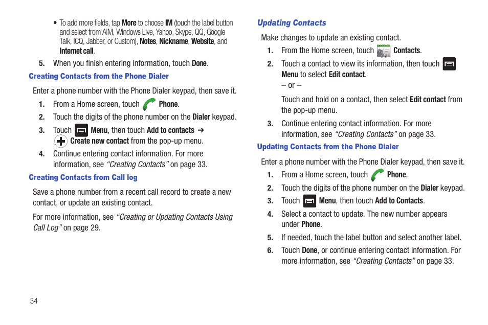 Creating contacts from the phone dialer, Creating contacts from call log, Updating contacts | Updating contacts from the phone dialer | Samsung SCH-R680WRAUSC User Manual | Page 38 / 141