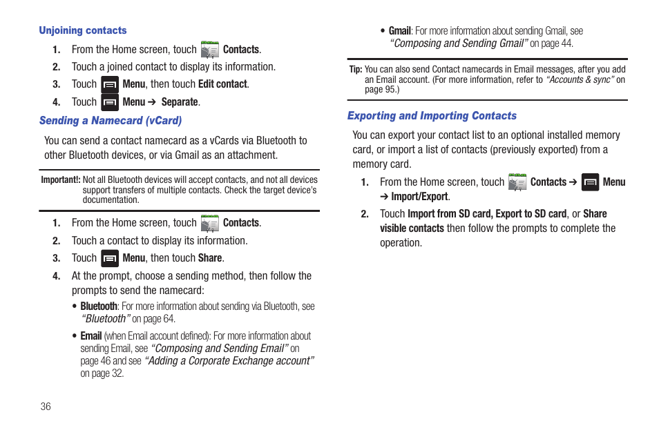 Unjoining contacts, Sending a namecard (vcard), Exporting and importing contacts | Samsung SCH-R680WRAUSC User Manual | Page 40 / 141