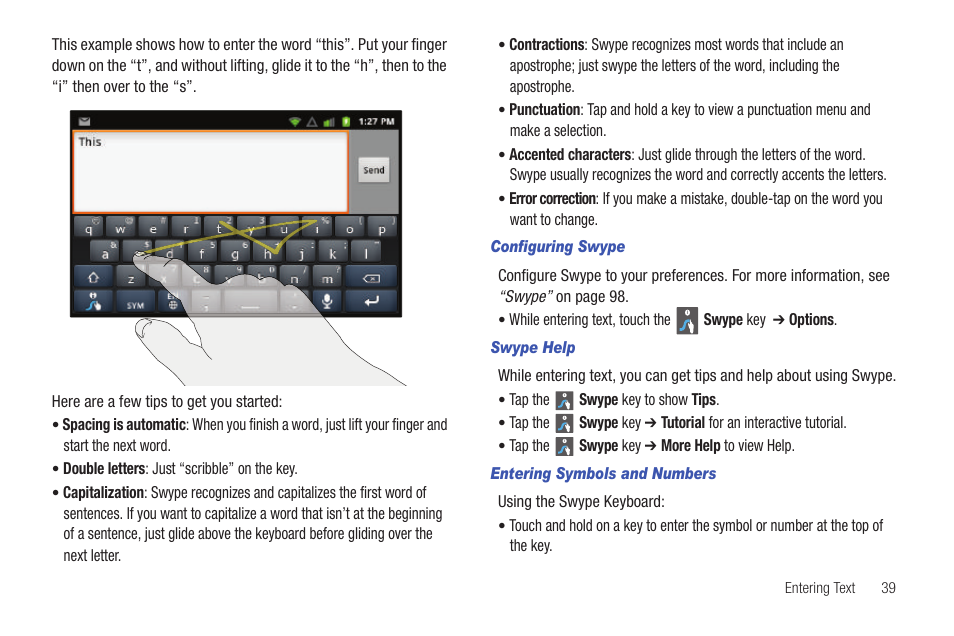 Configuring swype, Swype help, Entering symbols and numbers | Samsung SCH-R680WRAUSC User Manual | Page 43 / 141