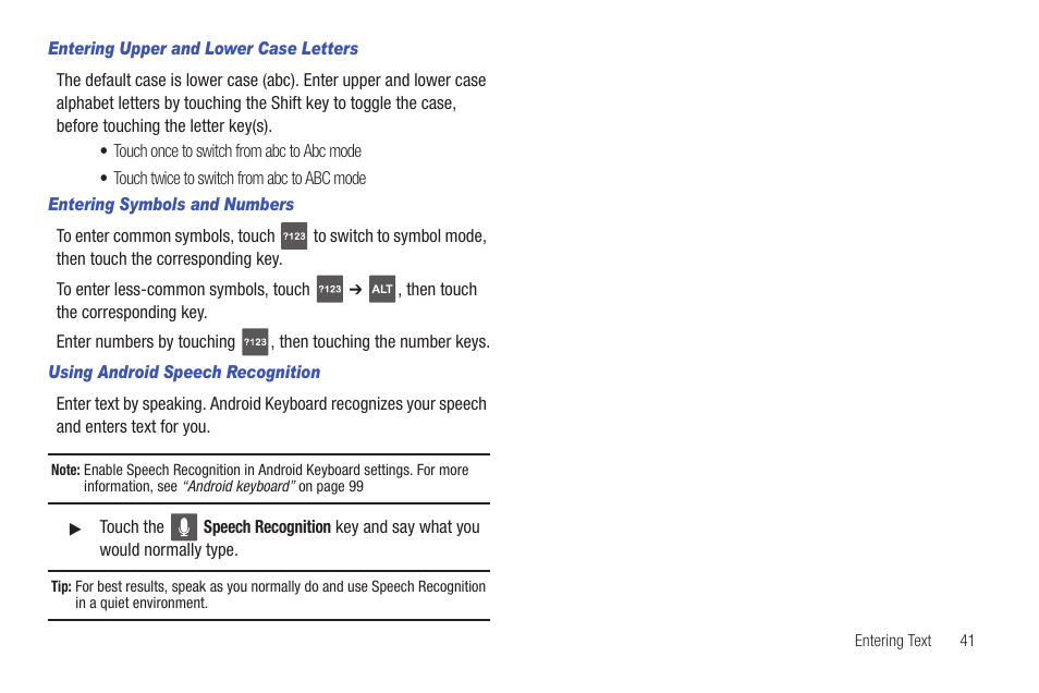 Entering upper and lower case letters, Entering symbols and numbers, Using android speech recognition | Samsung SCH-R680WRAUSC User Manual | Page 45 / 141