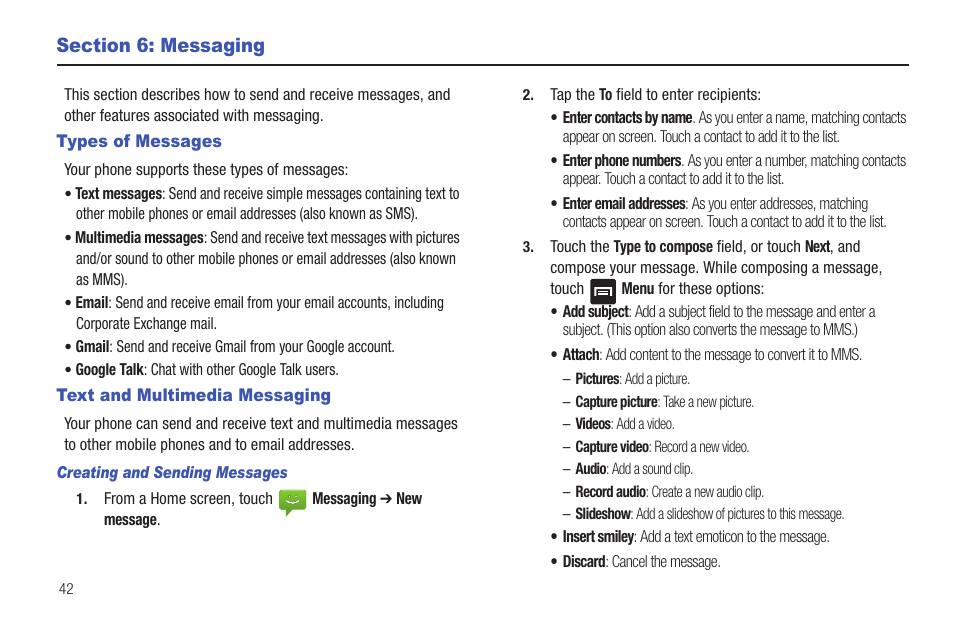 Section 6: messaging, Types of messages, Text and multimedia messaging | Creating and sending messages, Types of messages text and multimedia messaging | Samsung SCH-R680WRAUSC User Manual | Page 46 / 141