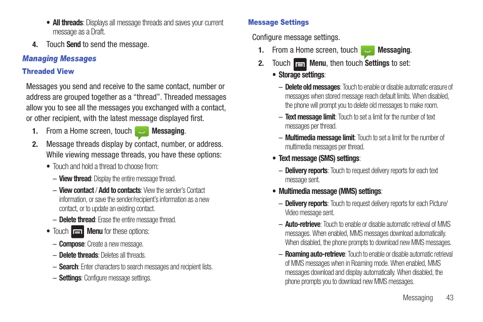 Managing messages, Threaded view, Message settings | Samsung SCH-R680WRAUSC User Manual | Page 47 / 141