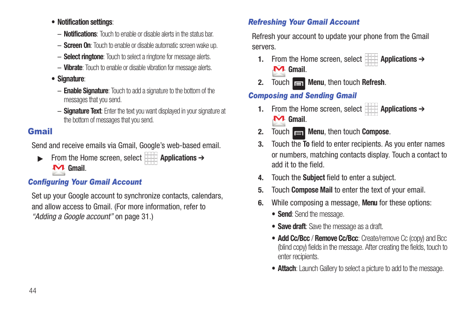 Gmail, Configuring your gmail account, Refreshing your gmail account | Composing and sending gmail | Samsung SCH-R680WRAUSC User Manual | Page 48 / 141