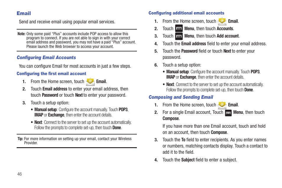 Email, Configuring email accounts, Configuring the first email account | Configuring additional email accounts, Composing and sending email | Samsung SCH-R680WRAUSC User Manual | Page 50 / 141