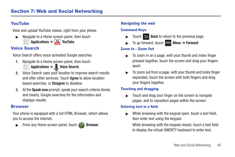 Section 7: web and social networking, Youtube, Voice search | Browser, Navigating the web, Command keys, Zoom in – zoom out, Touching and dragging, Entering text in a field, Youtube voice search browser | Samsung SCH-R680WRAUSC User Manual | Page 53 / 141