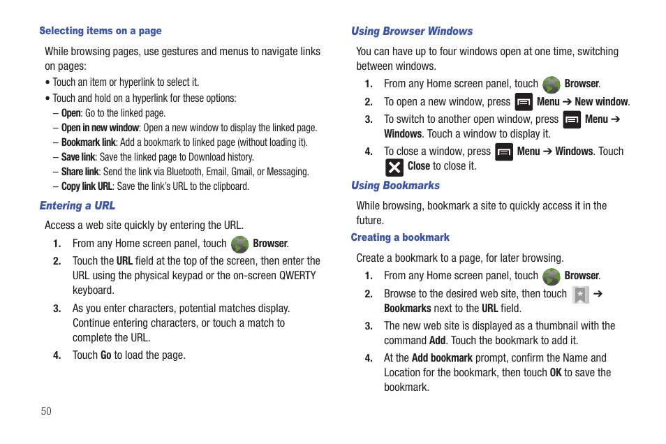 Entering a url, Using browser windows, Using bookmarks | Creating a bookmark | Samsung SCH-R680WRAUSC User Manual | Page 54 / 141