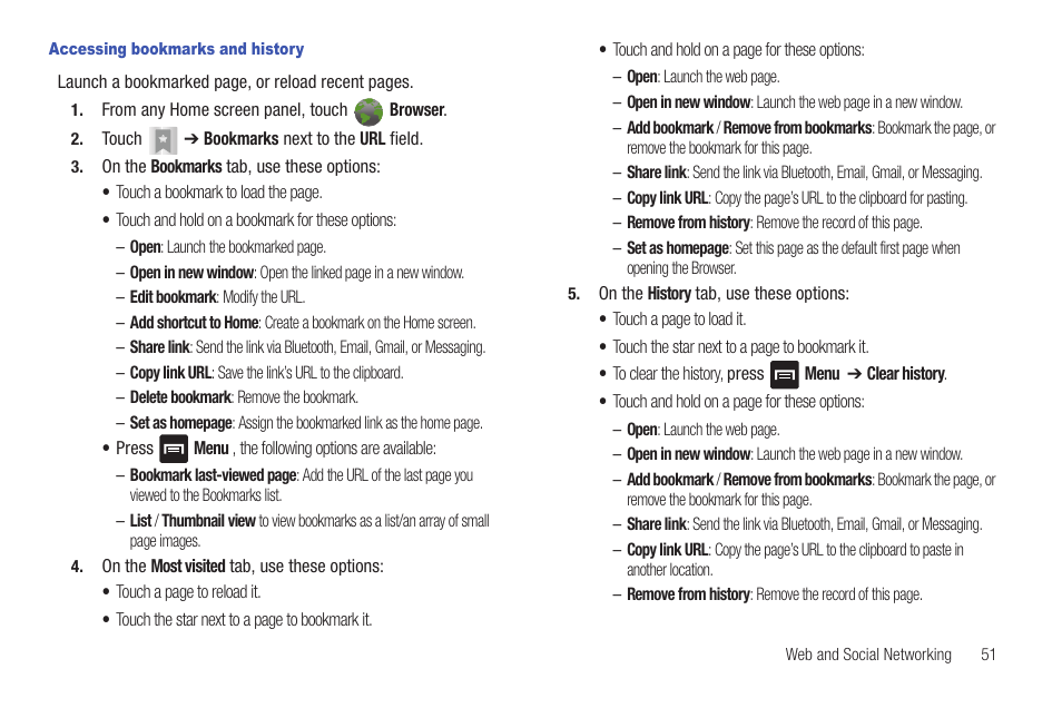 Accessing bookmarks and history | Samsung SCH-R680WRAUSC User Manual | Page 55 / 141