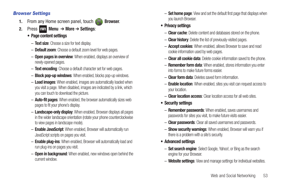 Browser settings | Samsung SCH-R680WRAUSC User Manual | Page 57 / 141