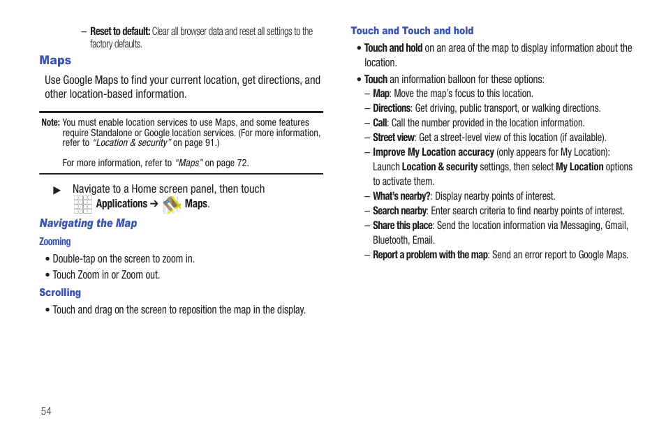 Maps, Navigating the map, Zooming | Scrolling, Touch and touch and hold | Samsung SCH-R680WRAUSC User Manual | Page 58 / 141