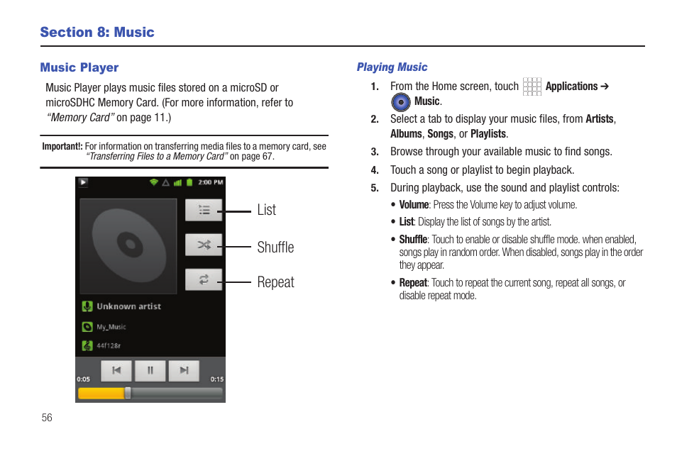 Section 8: music, Music player, Playing music | List repeat shuffle | Samsung SCH-R680WRAUSC User Manual | Page 60 / 141