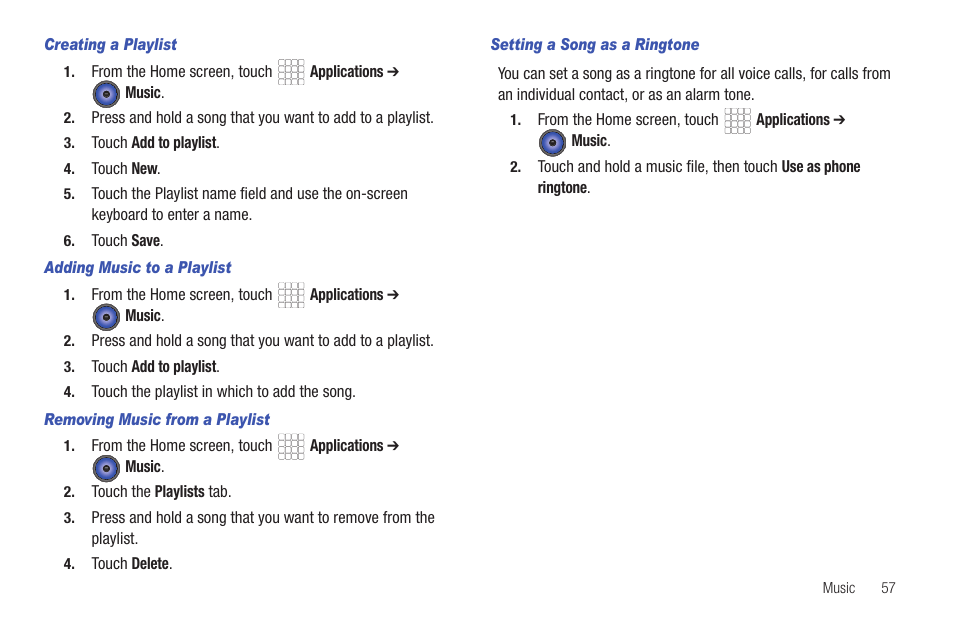 Creating a playlist, Adding music to a playlist, Removing music from a playlist | Setting a song as a ringtone | Samsung SCH-R680WRAUSC User Manual | Page 61 / 141