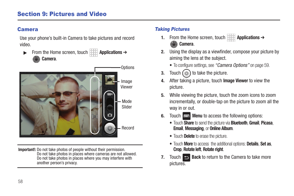 Section 9: pictures and video, Camera, Taking pictures | Samsung SCH-R680WRAUSC User Manual | Page 62 / 141