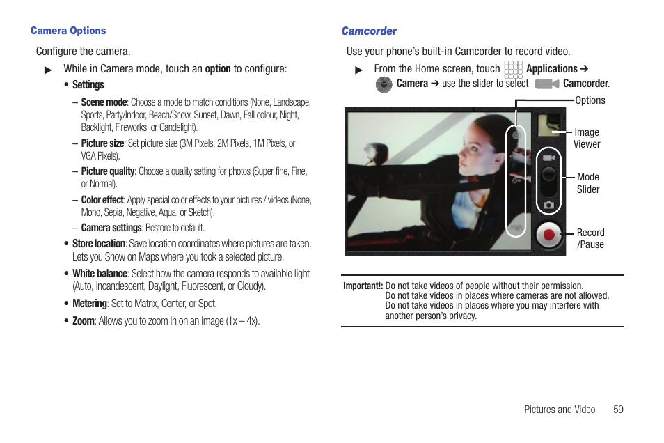 Camera options, Camcorder | Samsung SCH-R680WRAUSC User Manual | Page 63 / 141