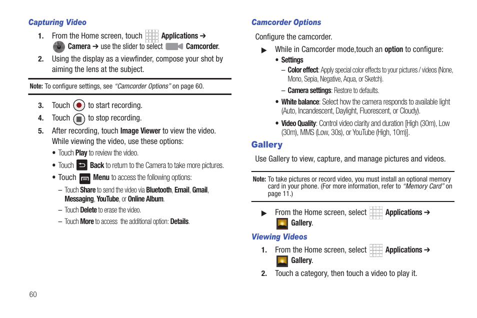 Capturing video, Camcorder options, Gallery | Viewing videos | Samsung SCH-R680WRAUSC User Manual | Page 64 / 141