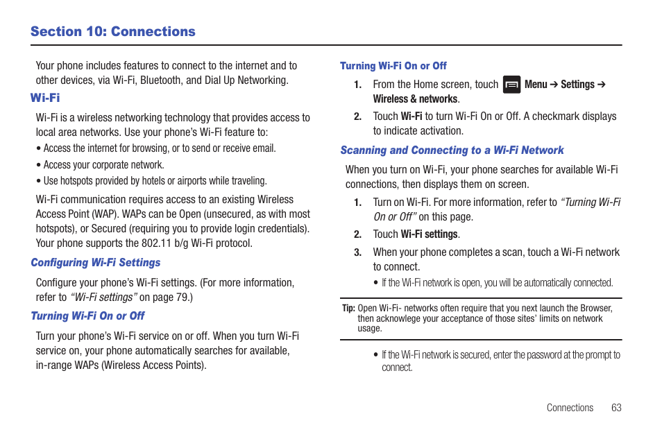 Section 10: connections, Wi-fi, Configuring wi-fi settings | Turning wi-fi on or off, Scanning and connecting to a wi-fi network | Samsung SCH-R680WRAUSC User Manual | Page 67 / 141