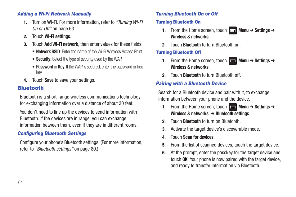 Adding a wi-fi network manually, Bluetooth, Configuring bluetooth settings | Turning bluetooth on or off, Turning bluetooth on, Turning bluetooth off, Pairing with a bluetooth device | Samsung SCH-R680WRAUSC User Manual | Page 68 / 141