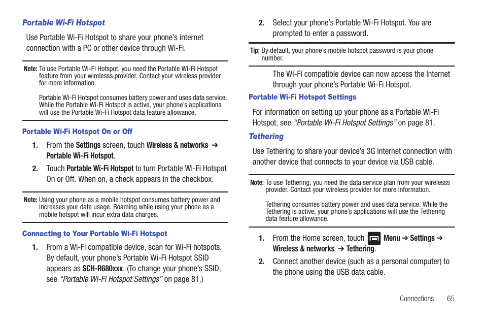 Portable wi-fi hotspot, Portable wi-fi hotspot on or off, Connecting to your portable wi-fi hotspot | Portable wi-fi hotspot settings, Tethering | Samsung SCH-R680WRAUSC User Manual | Page 69 / 141