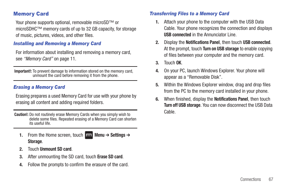 Memory card, Installing and removing a memory card, Erasing a memory card | Transferring files to a memory card | Samsung SCH-R680WRAUSC User Manual | Page 71 / 141