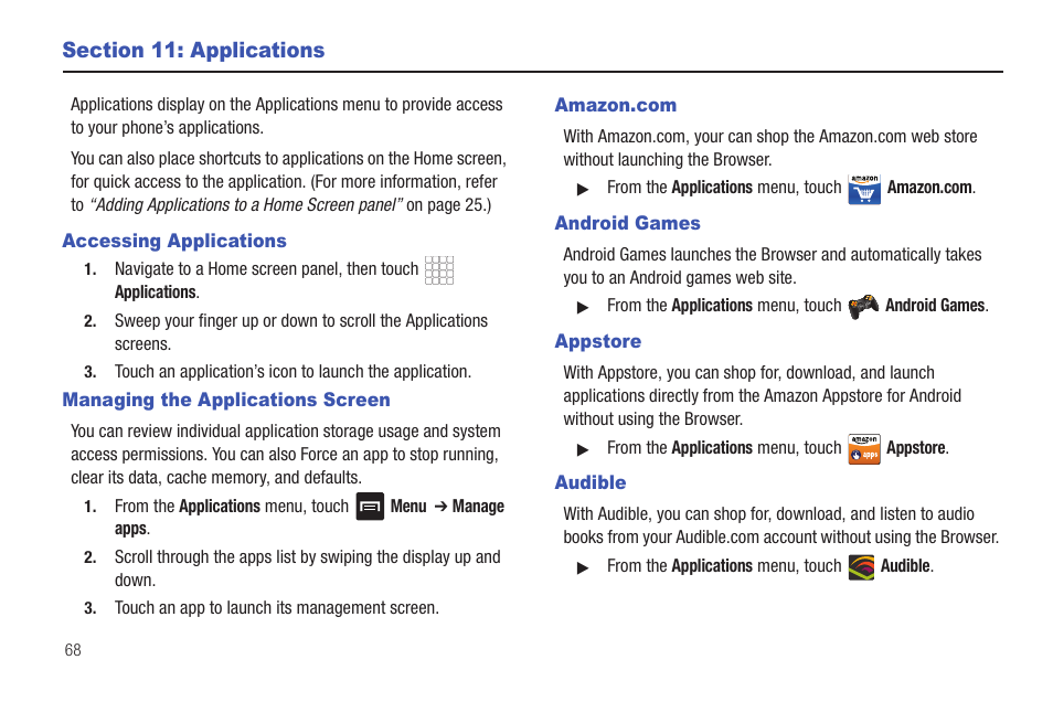 Section 11: applications, Accessing applications, Managing the applications screen | Amazon.com, Android games, Appstore, Audible | Samsung SCH-R680WRAUSC User Manual | Page 72 / 141