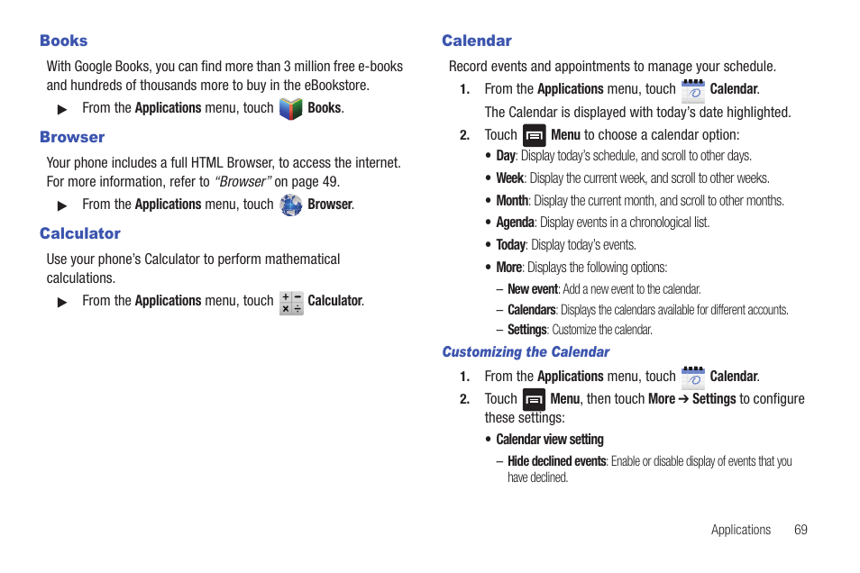 Books, Browser, Calculator | Calendar, Customizing the calendar, Books browser calculator calendar | Samsung SCH-R680WRAUSC User Manual | Page 73 / 141