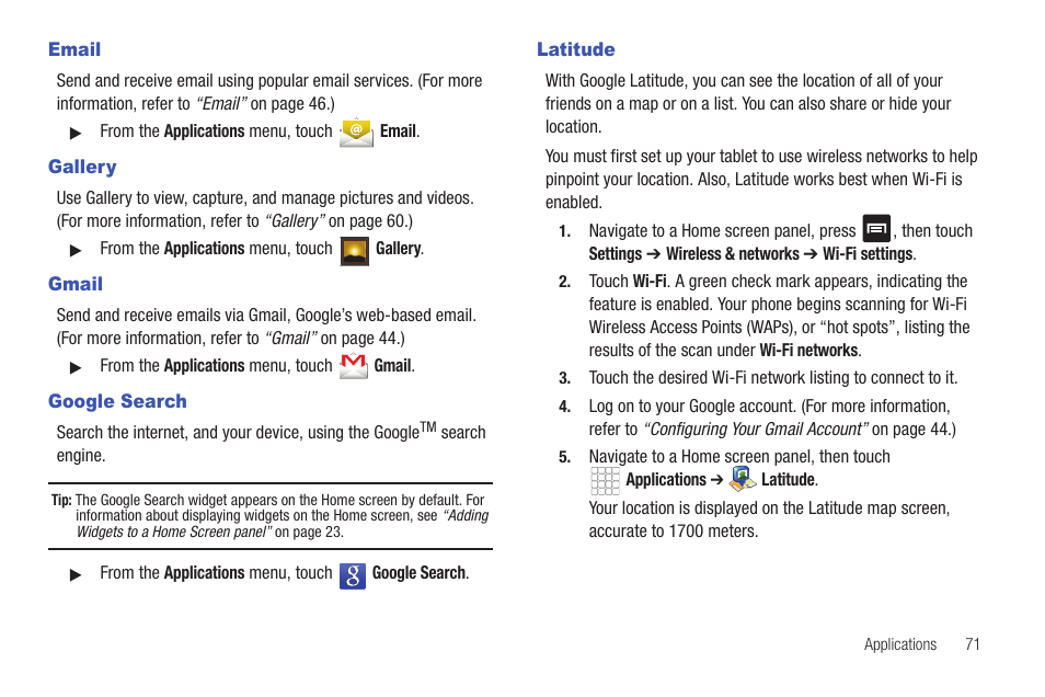 Email, Gallery, Gmail | Google search, Latitude, Email gallery gmail google search latitude | Samsung SCH-R680WRAUSC User Manual | Page 75 / 141