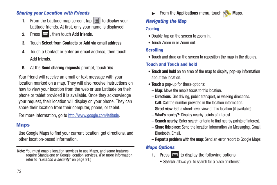 Sharing your location with friends, Maps, Navigating the map | Zooming, Scrolling, Touch and touch and hold, Maps options | Samsung SCH-R680WRAUSC User Manual | Page 76 / 141